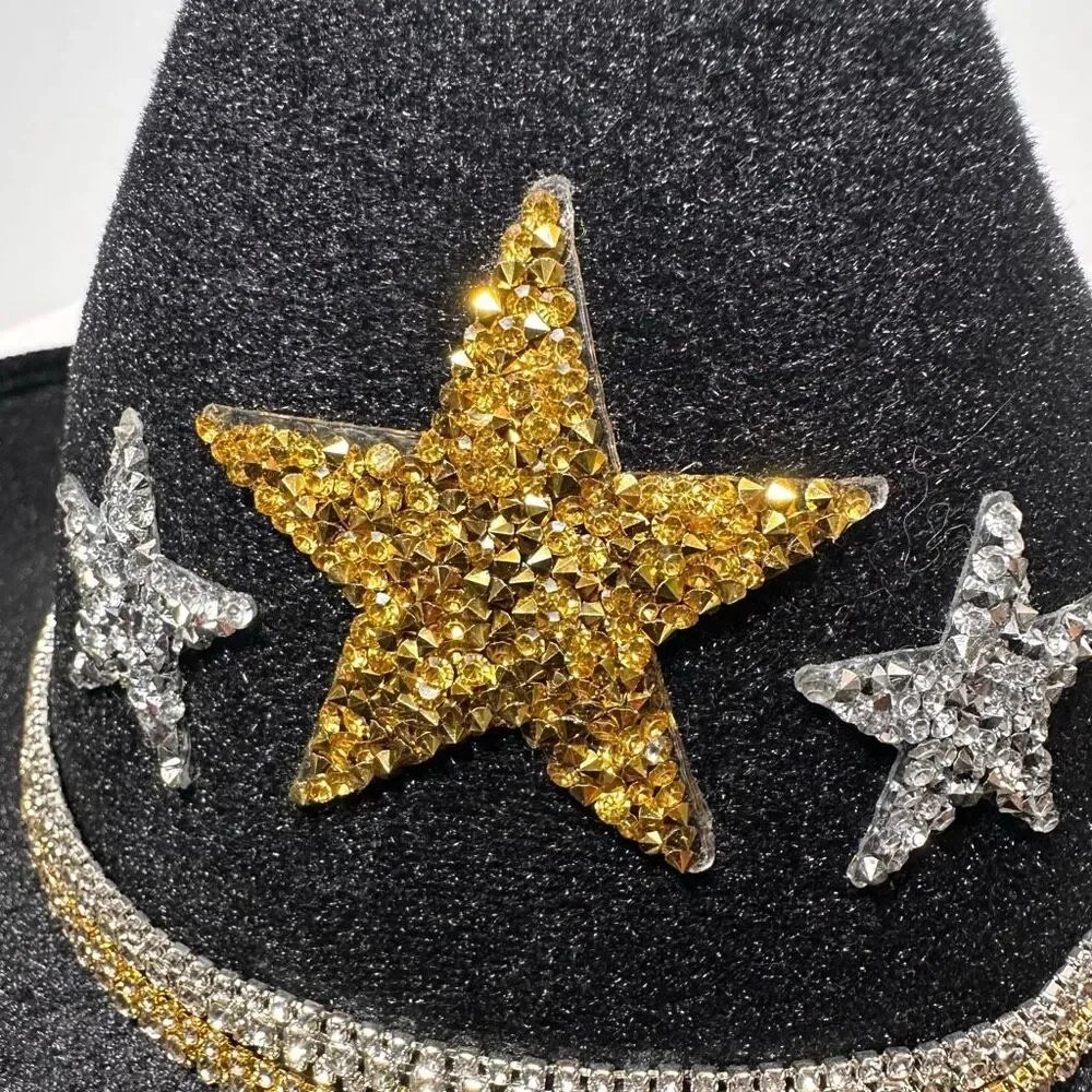 Cowgirl Hat Rhinestone-Embellished Stars Black Cowboy Hat Gold Silver | Women - Picture 10 of 14